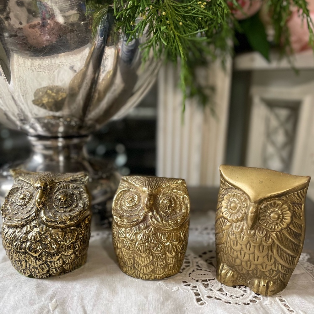 vintage gold Brass Metal small Owl figurine Woodland decor
